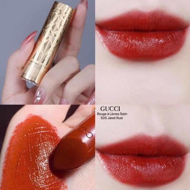 GUCCI Lip Color Rouge A Levres #505 Janet Rust 3.5 g ลิปสติกเนื้อสัมผัสแบบซาติน ให้สัมผัสเบาสบายปาก แต่พิกเม้นต์แน่นในปาดเดียว เมื่อทาแล้วให้ลุคกึ่งแมตต์กึ่งวาว ริมฝีปากสุขภาพดี มาในแพ็กเกจสีทองที่อินสไปร์มาจากเครื่องสำอางและของสะสมแนววินเทจ ที่ให้ความหรูหราเลอค่า น่าสะสม