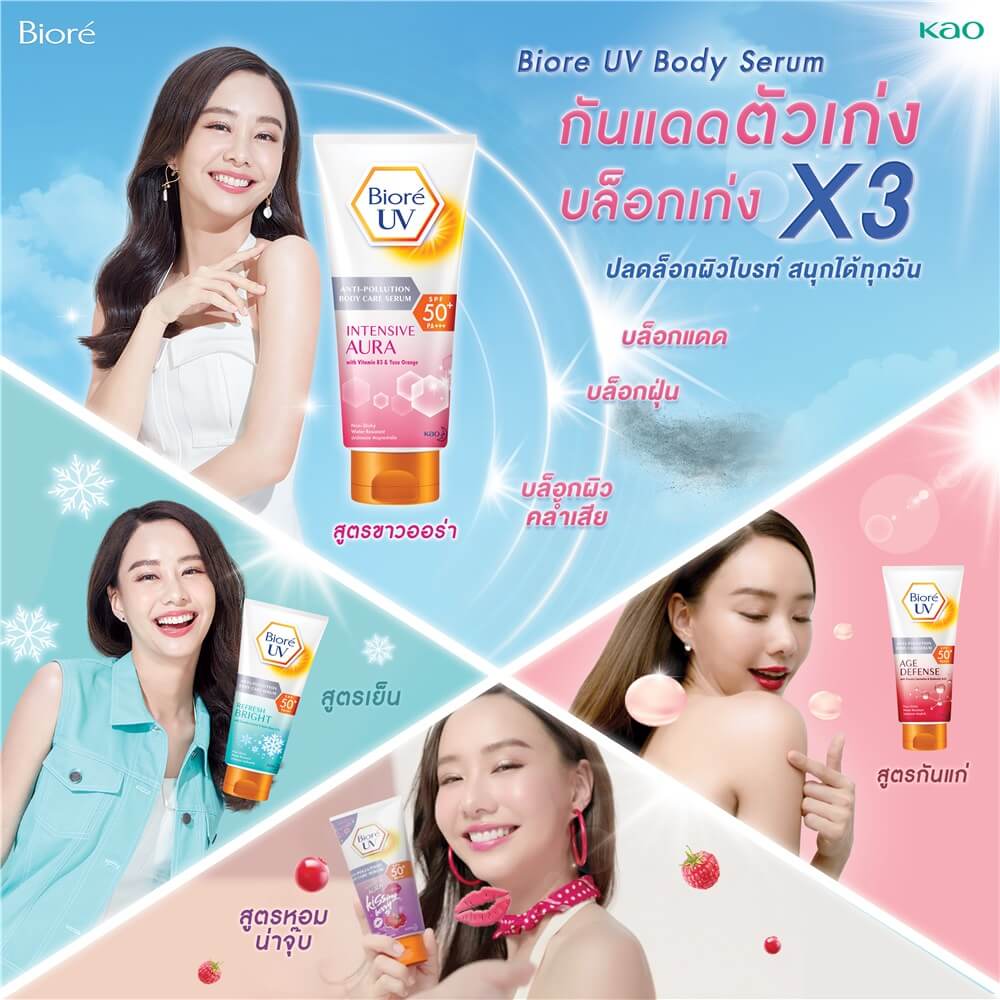 Biore UV Anti-Pollution Body Care Serum Intensive Aura SPF50+/PA+++ 150ml โลชั่นป้องกันแสงแดดและมลภาวะสำหรับผิวกาย เนื้อเซรั่ม สูตรปรับผิวให้ดูกระจ่างใสขึ้นอย่างมีประสิทธิภาพ ด้วยเทคโนโลยีจากญี่ปุ่น และยังช่วยฟื้นฟูผิวให้แลดูกระจ่างใส ไม่แห้งกร้าน   • ปกป้องผิวจากความหมองคล้ำ จุดด่างดำ สีผิวไม่สม่ำเสมอจากรังสี UVA1, UVA2 และ UVB แบบ Ultra UV Protection ด้วย SPF50+/PA+++  • ผิวไม่แห้งเสีย ช่วยคงความแข็งแรงและยืดหยุ่นให้กับผิวชั้นนอกด้วย Anti-Pollution Shield เกราะปกป้องผิวจากมลภาวะ ฝุ่น ควัน และสิ่งสกปรก  • ช่วยปรับผิวให้ดูกระจ่างใสขึ้นอย่างมีประสิทธิภาพ ด้วย Vitamin B3 และสารสกัดจากส้มยูซุ พร้อมบำรุงล้ำลึก ให้ผิวไม่แห้งกร้าน หลังออกแดดด้วย Moisturizing Pack และ น้ำแร่ธรรมชาติจากญี่ปุ่น  • สูตรกันน้ำและเหงื่อ ใช้ได้เป็นประจำทุกวัน